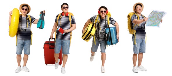 Happy tourist with travel items on white background, collage