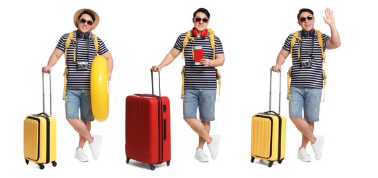 Image of Happy tourist with suitcases on white background, collage