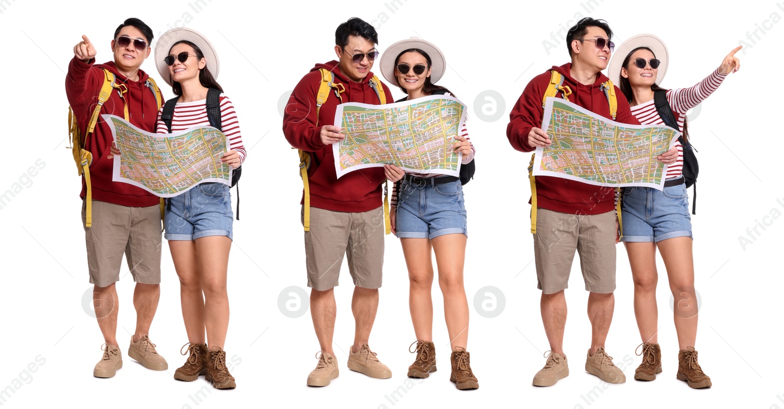 Image of Happy tourists with travel items on white background, collage