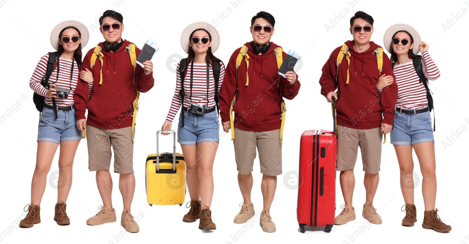 Image of Happy tourists with travel items on white background, collage