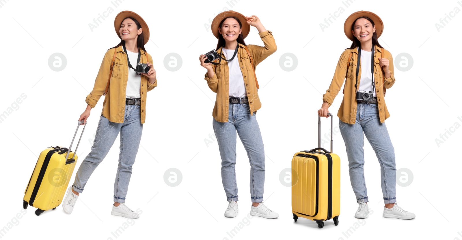 Image of Happy tourist with suitcase on white background, collage