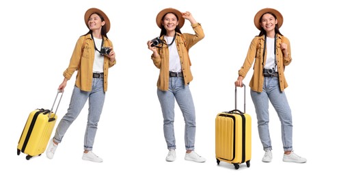 Image of Happy tourist with suitcase on white background, collage