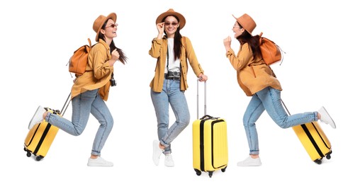 Image of Happy tourist with suitcase on white background, collage