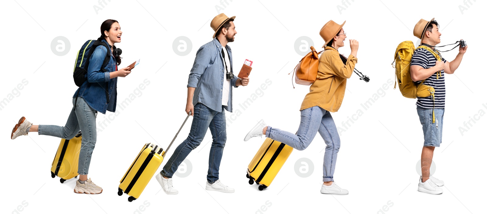 Image of Happy tourists with travel items on white background, collage