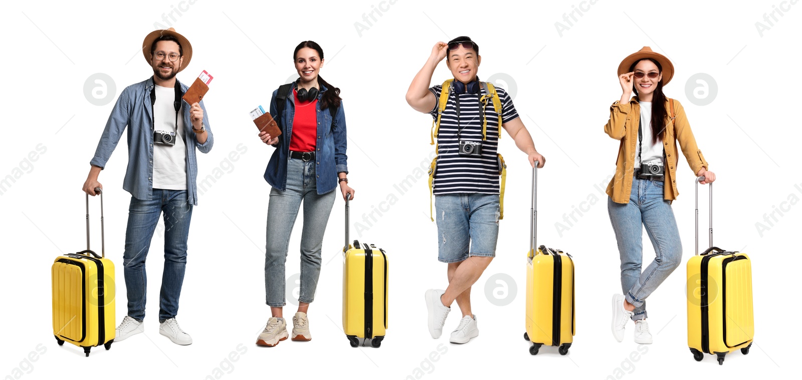 Image of Happy tourists with travel items on white background, collage