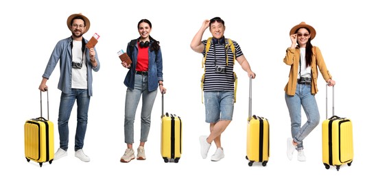 Image of Happy tourists with travel items on white background, collage