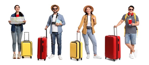 Image of Happy tourists with travel items on white background, collage