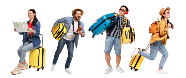 Happy tourists with travel items on white background, collage