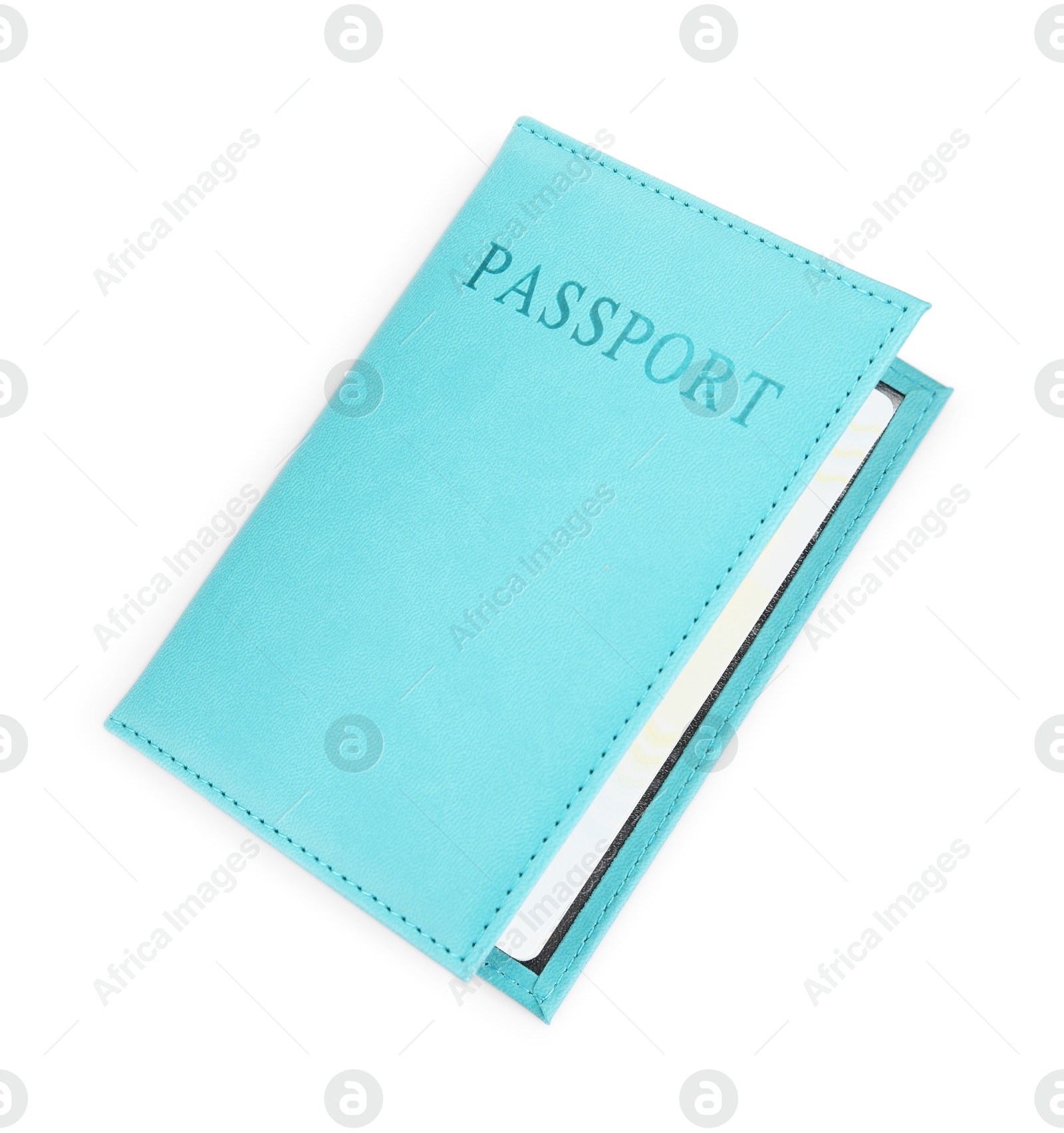 Photo of Passport in light blue cover isolated on white, top view