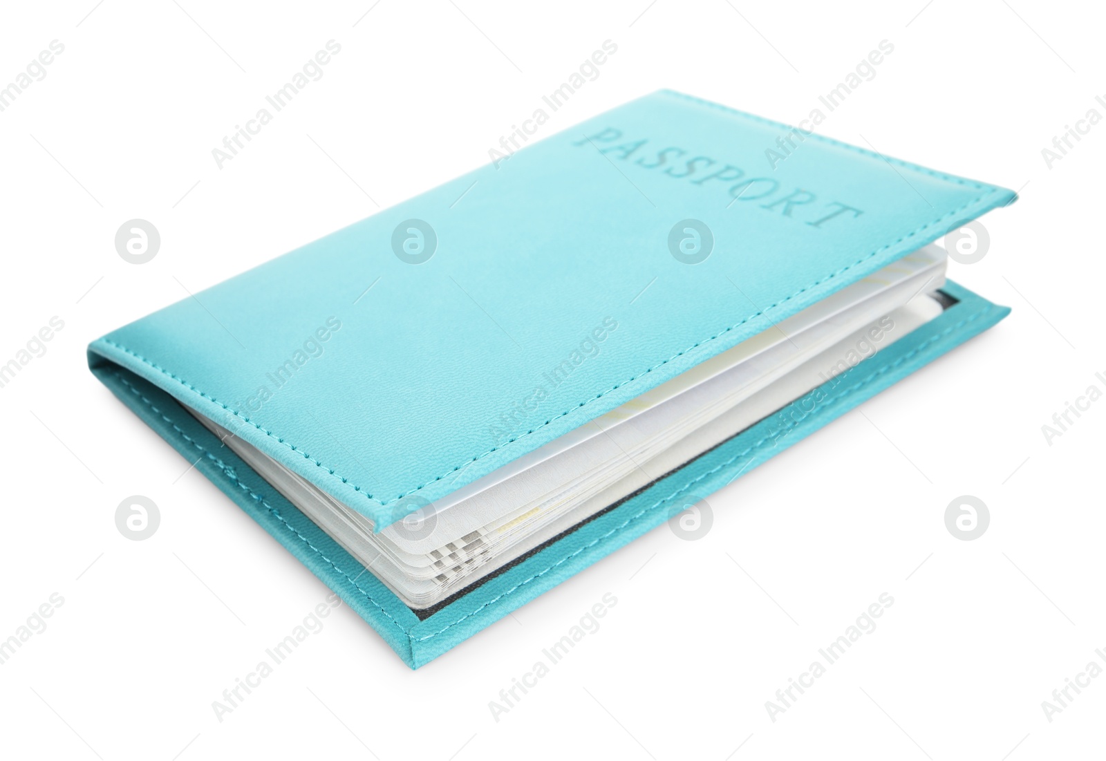 Photo of Passport in light blue cover isolated on white