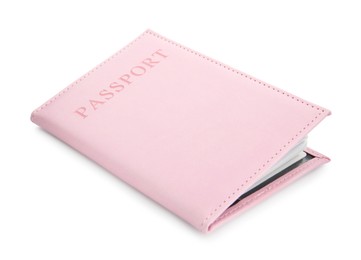 Photo of Passport in light pink cover isolated on white