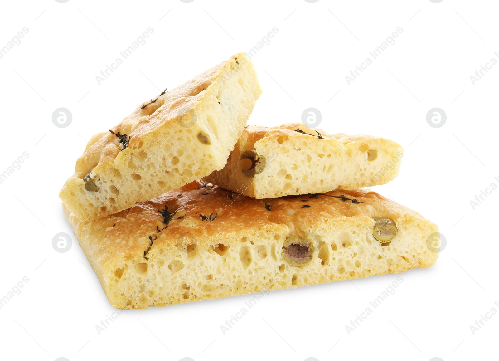 Photo of Pieces of delicious focaccia bread with olives and thyme isolated on white