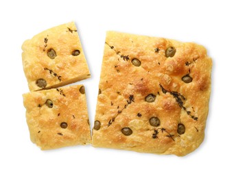 Photo of Pieces of delicious focaccia bread with olives and thyme isolated on white, top view