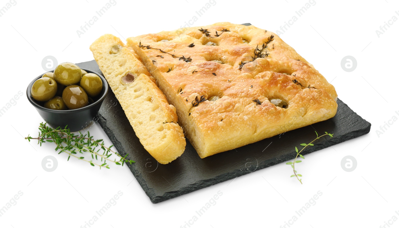 Photo of Pieces of delicious focaccia bread with olives and thyme isolated on white