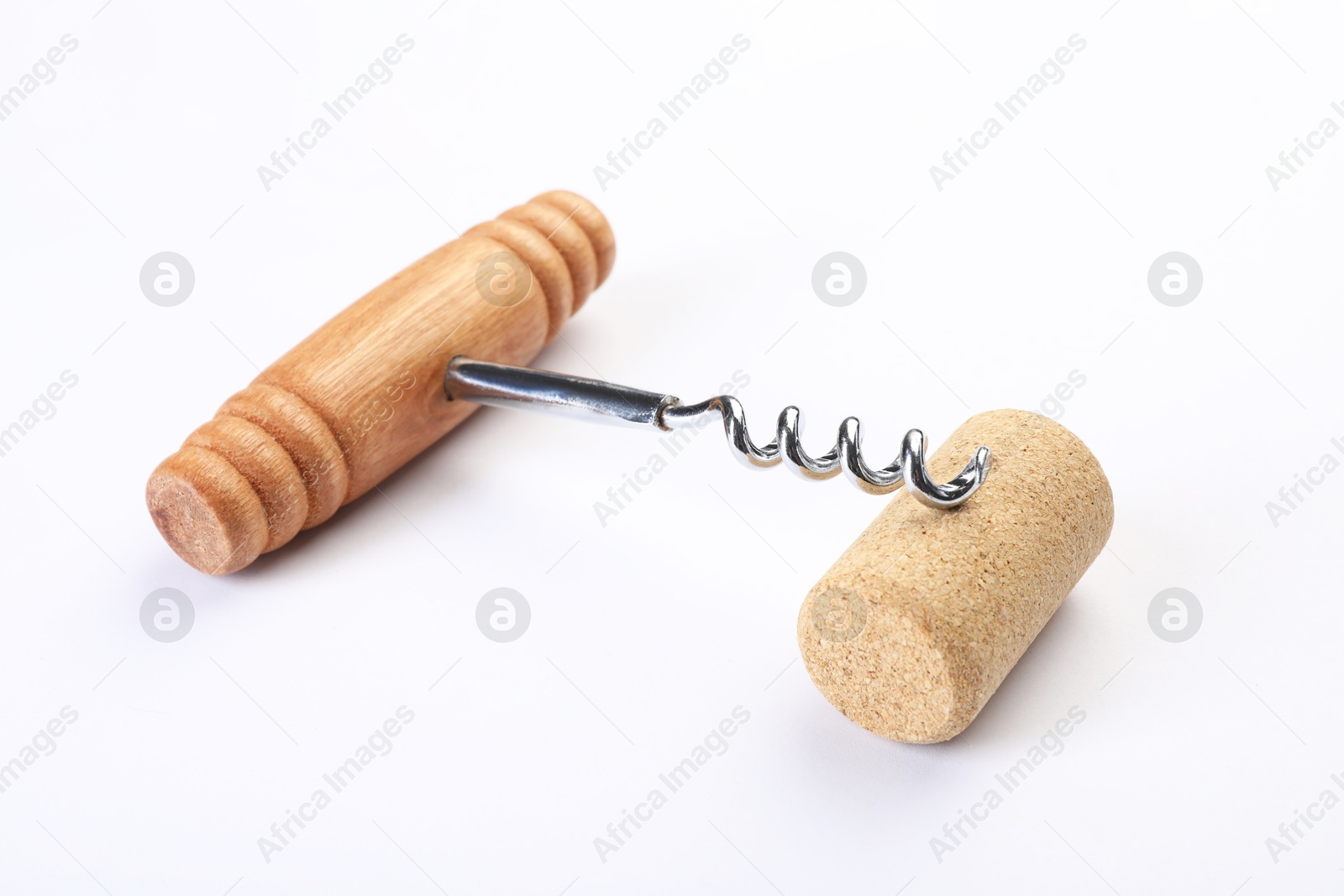 Photo of Corkscrew with wooden handle and cork on white background