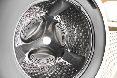 Photo of Washing machine with empty drum as background, closeup