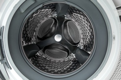 Photo of Washing machine with empty drum as background, closeup