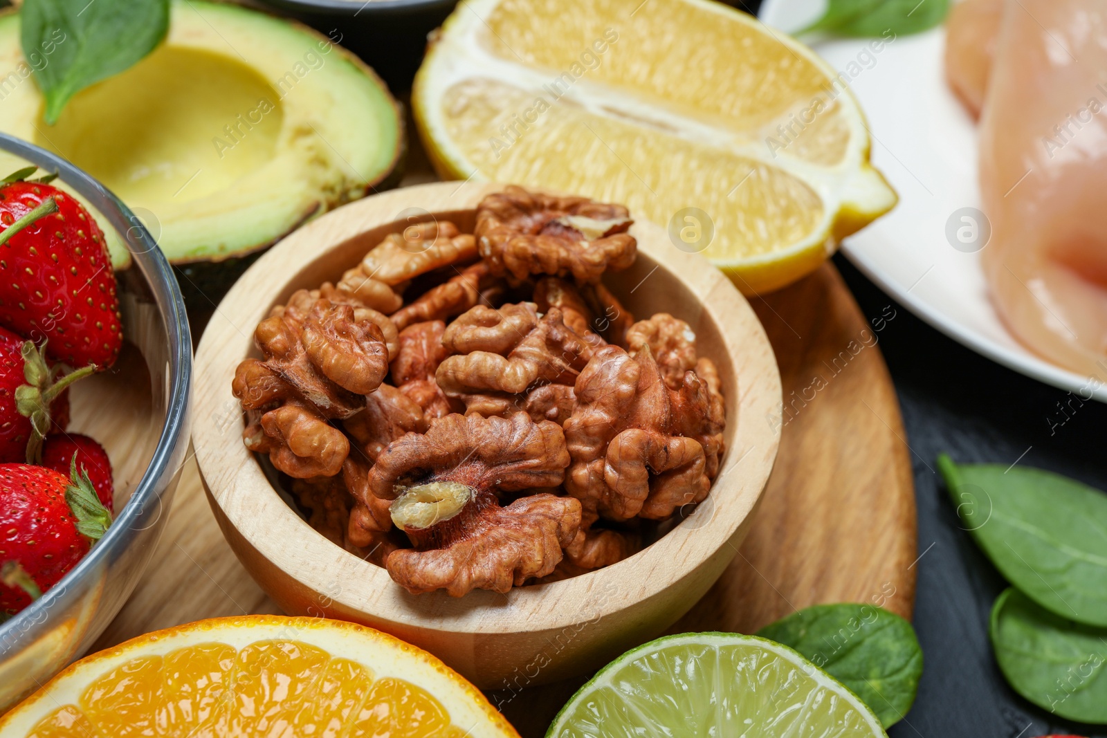 Photo of Different fresh products rich in dopamine on table, closeup