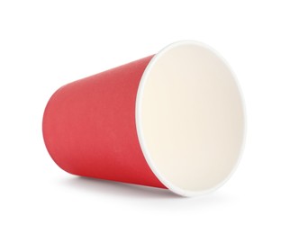 Photo of One paper cup on white background. Mockup for design