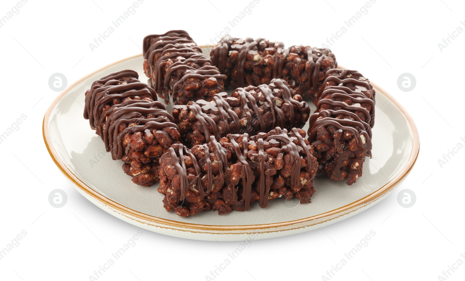 Photo of Delicious chocolate puffed rice bars isolated on white