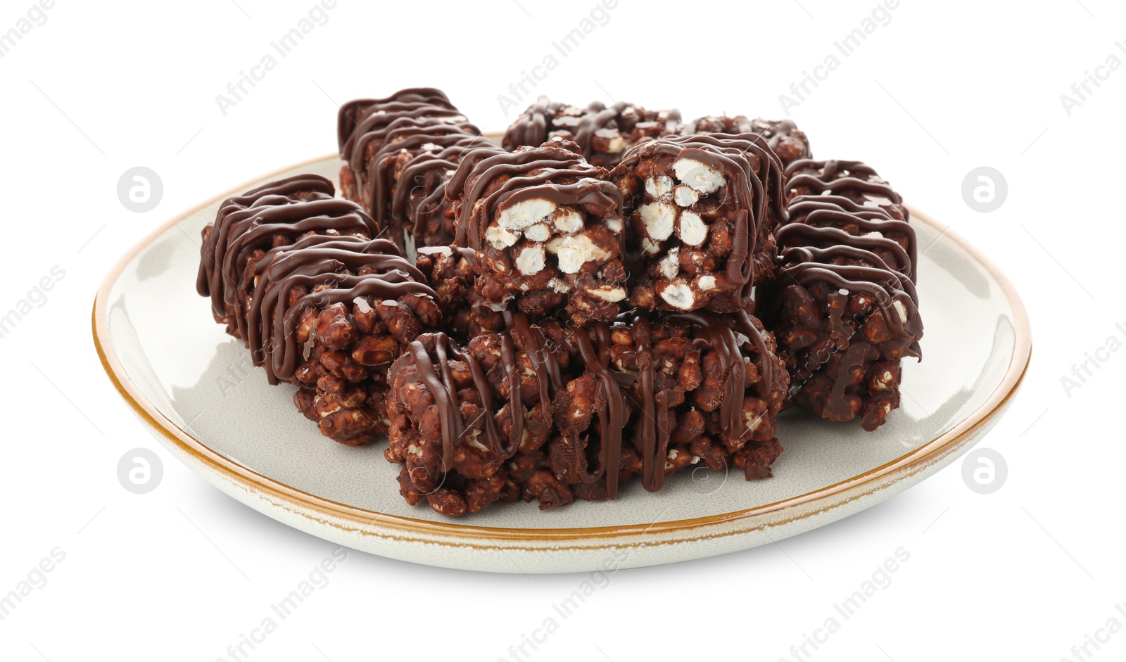 Photo of Delicious chocolate puffed rice bars isolated on white