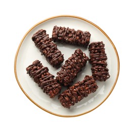 Photo of Delicious chocolate puffed rice bars isolated on white, top view