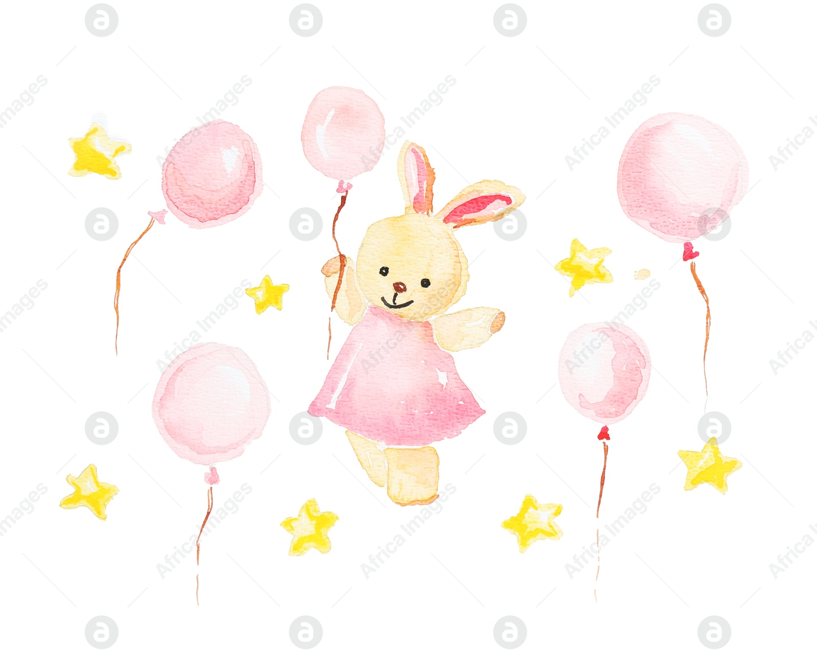 Photo of Watercolor painting of bunny, balloons and stars isolated on white