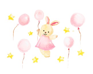 Photo of Watercolor painting of bunny, balloons and stars isolated on white