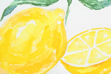 Photo of Watercolor painting of lemons and green leaves on white paper, closeup