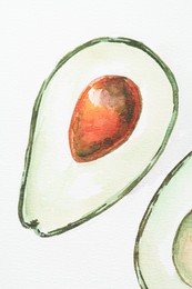 Photo of Watercolor painting of avocado on white paper, top view