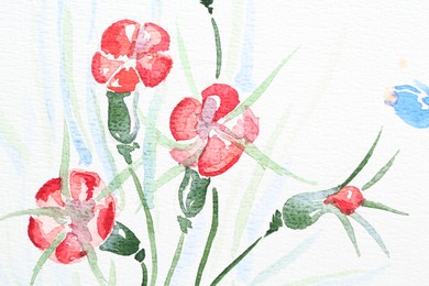 Photo of Watercolor painting of beautiful flowers on white paper, top view