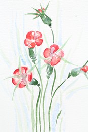 Photo of Watercolor painting of beautiful flowers on white paper, top view