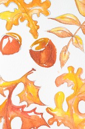 Photo of Watercolor painting of autumn leaves and acorns on white paper, above view