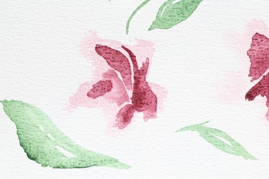 Photo of Watercolor painting of pink flower and leaves on white paper, top view