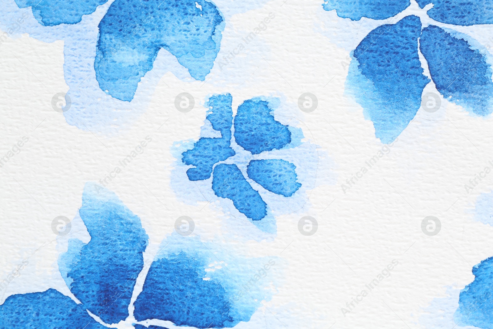 Photo of Watercolor painting of blue flowers on white paper, top view