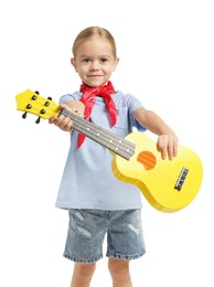 Photo of Little girl with ukulele on white background