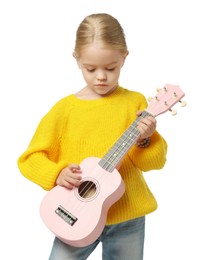 Photo of Little girl playing ukulele on white background