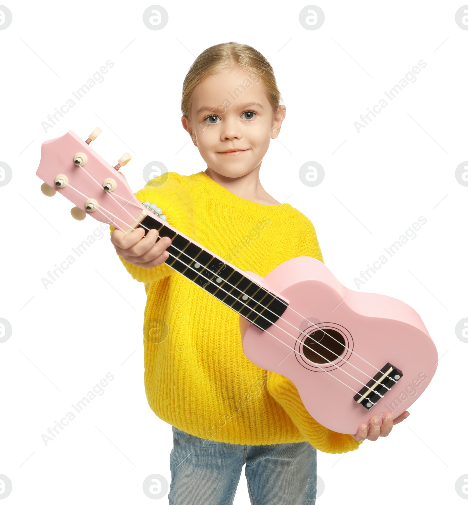 Photo of Little girl playing ukulele on white background