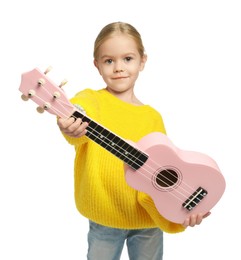 Photo of Little girl playing ukulele on white background