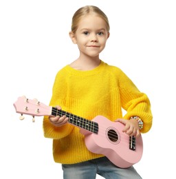 Photo of Little girl playing ukulele on white background