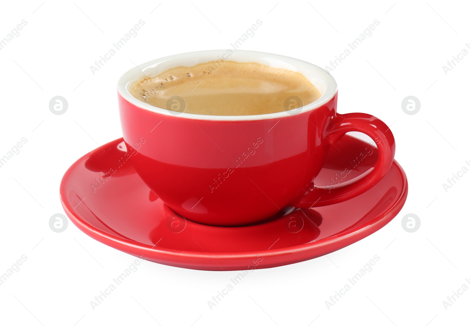 Photo of Red cup of aromatic coffee and saucer isolated on white