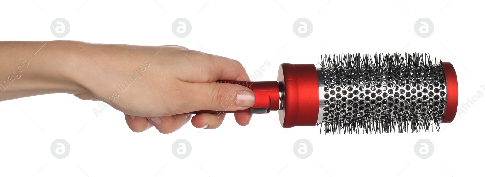 Photo of Woman with round hair brush on white background, closeup