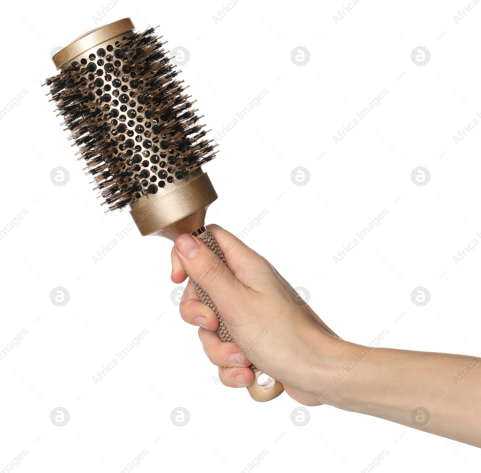 Photo of Woman with round golden hair brush on white background, closeup