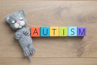 Photo of Word Autism made of colorful cubes and needle felted cat on wooden background, top view