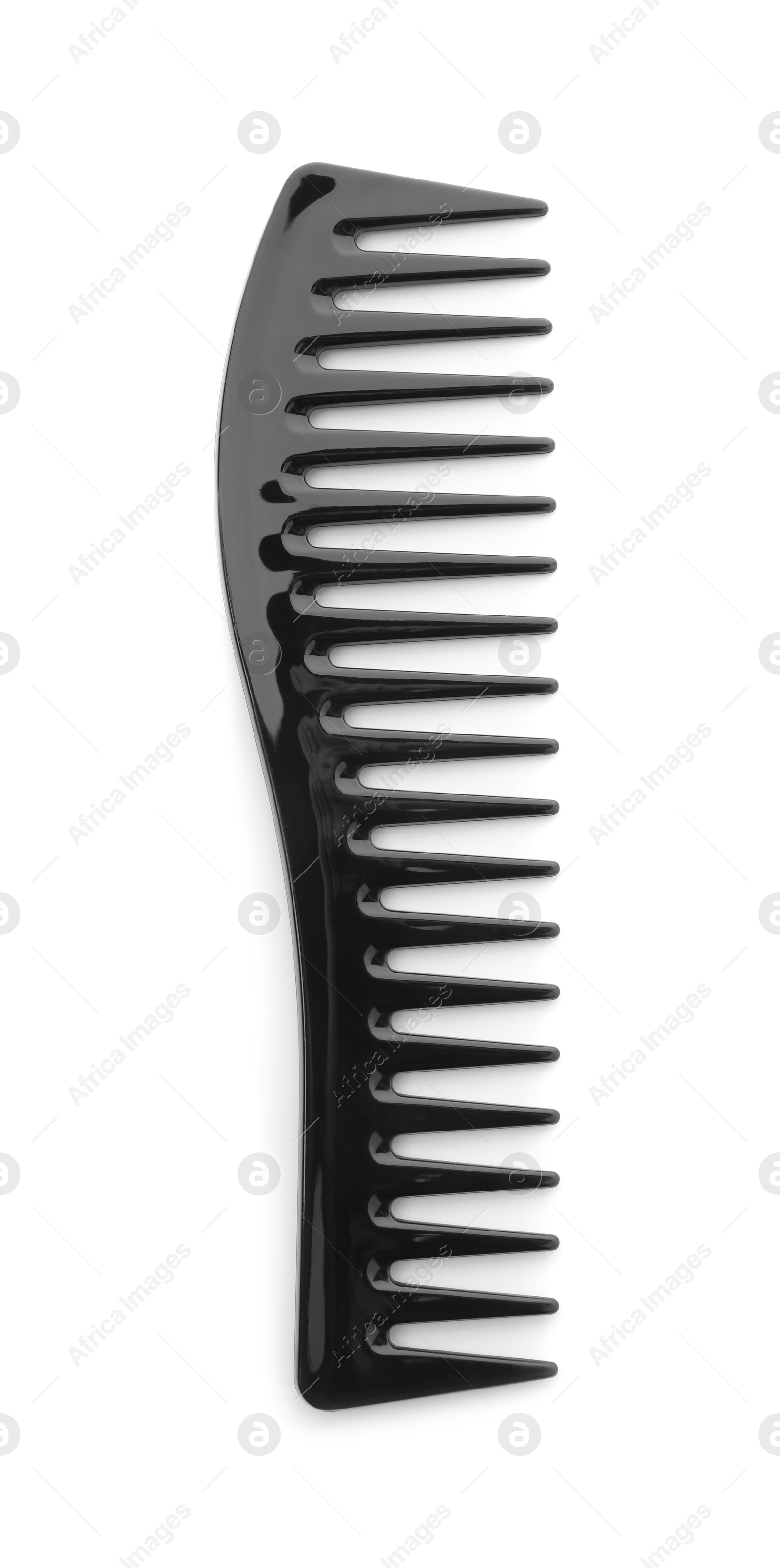 Photo of One black plastic comb isolated on white, top view