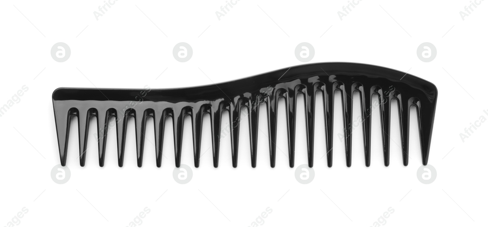 Photo of One black plastic comb isolated on white, top view