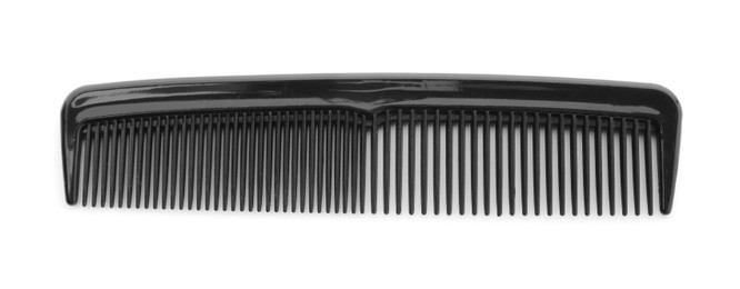 Photo of One black plastic comb isolated on white, top view