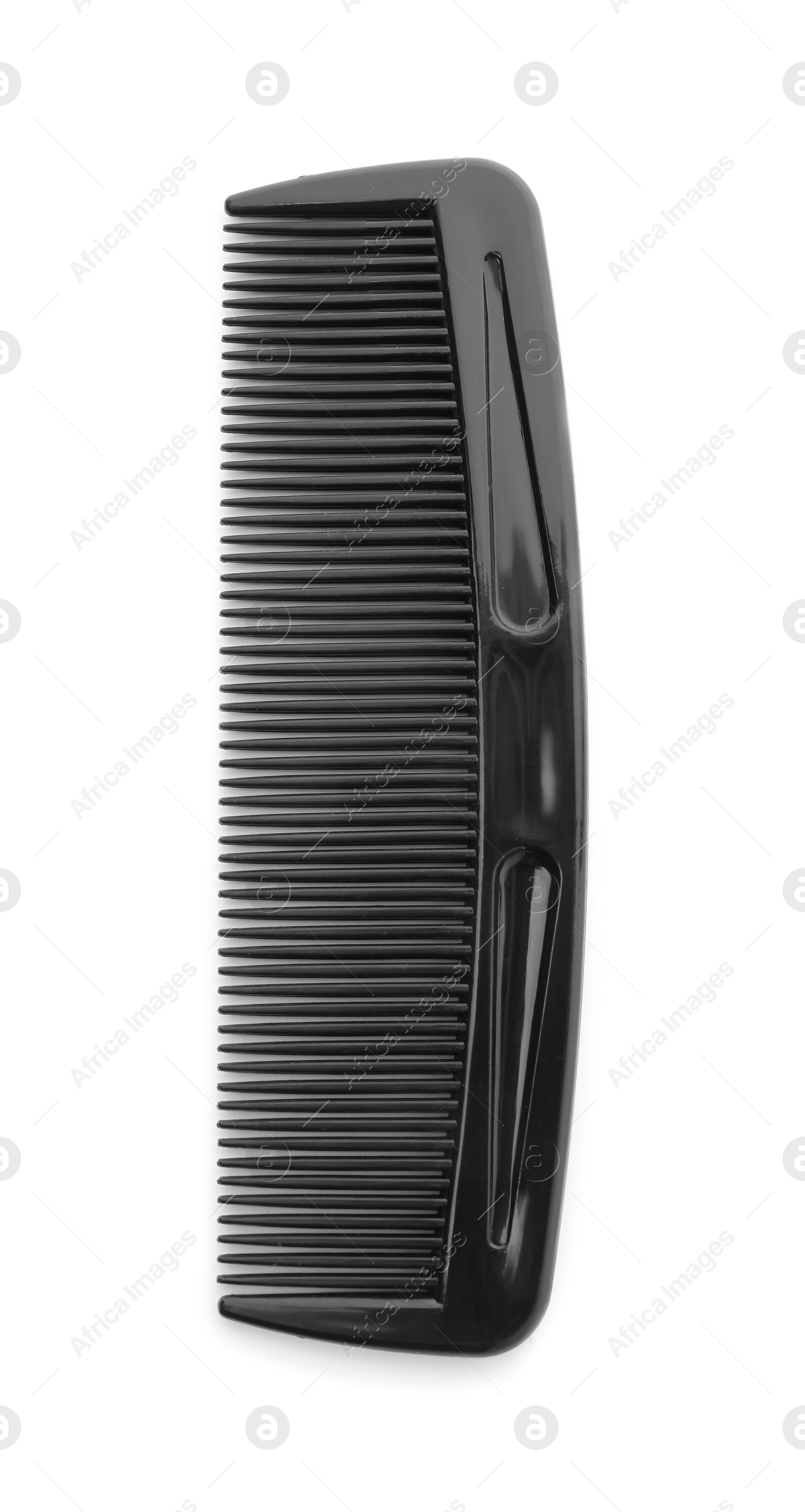 Photo of One black plastic comb isolated on white, top view