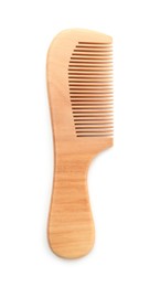 Photo of One wooden hair comb isolated on white, top view