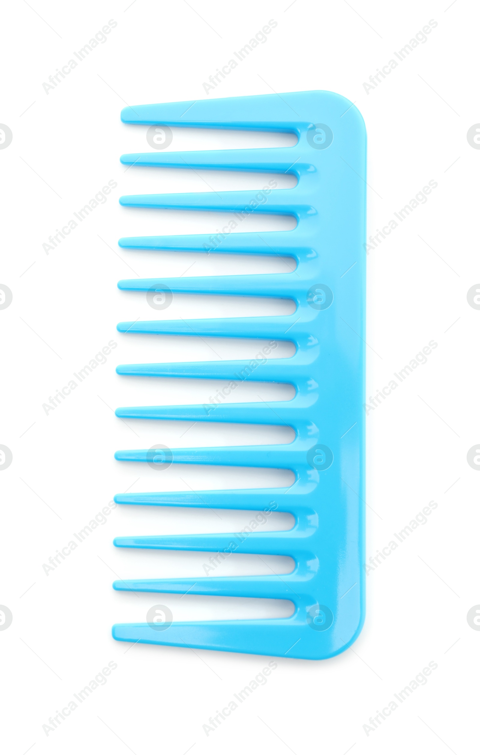 Photo of One light blue plastic comb isolated on white, top view